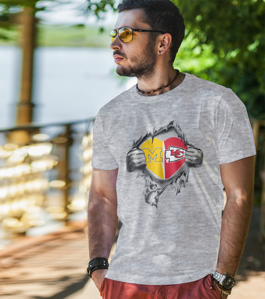 Chiefs Michigan M Heart Kansas City Football Fan Football Team Logos T-Shirt