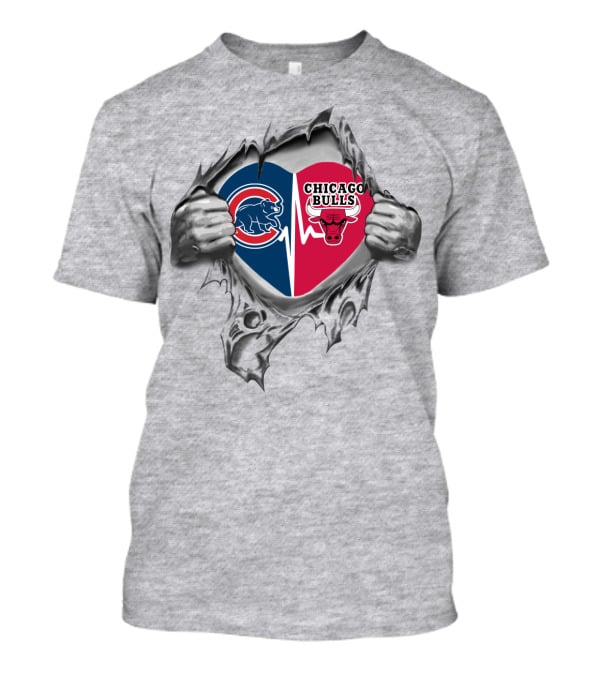 Cubs Chicago Bulls Heart Burst Logo Peeking Out From Torn Fabric T-Shirt