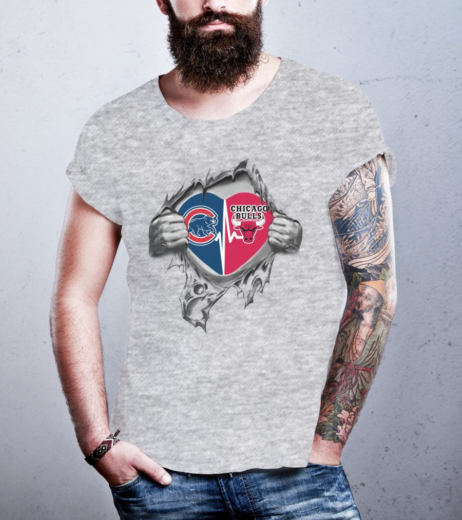 Cubs Chicago Bulls Heart Burst Logo Peeking Out From Torn Fabric T-Shirt
