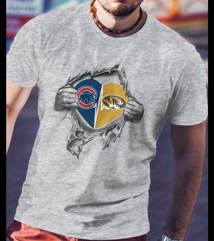 Cubs Missouri Tigers Heart Emblem With Tearing Hands T-Shirt