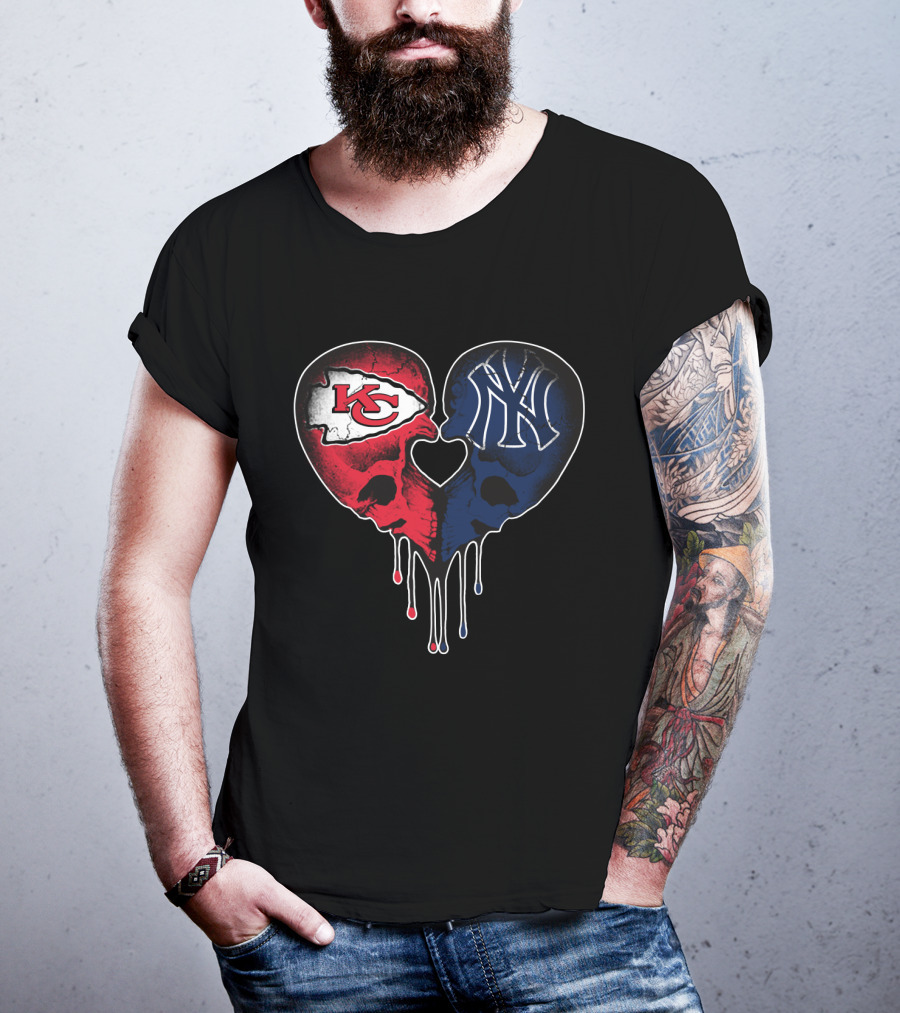 Chiefs Yankees Dripping Skull Heart Love T-Shirt