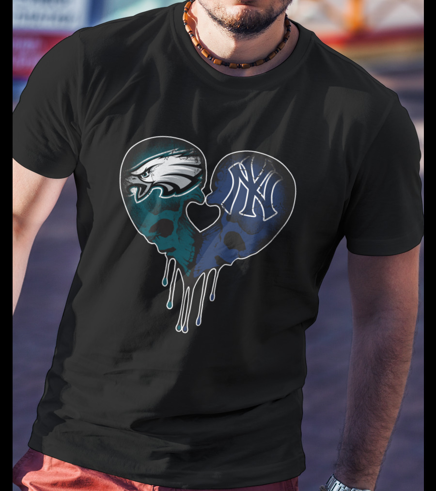 Eagles Yankees Skull Love Heart Drip T-Shirt