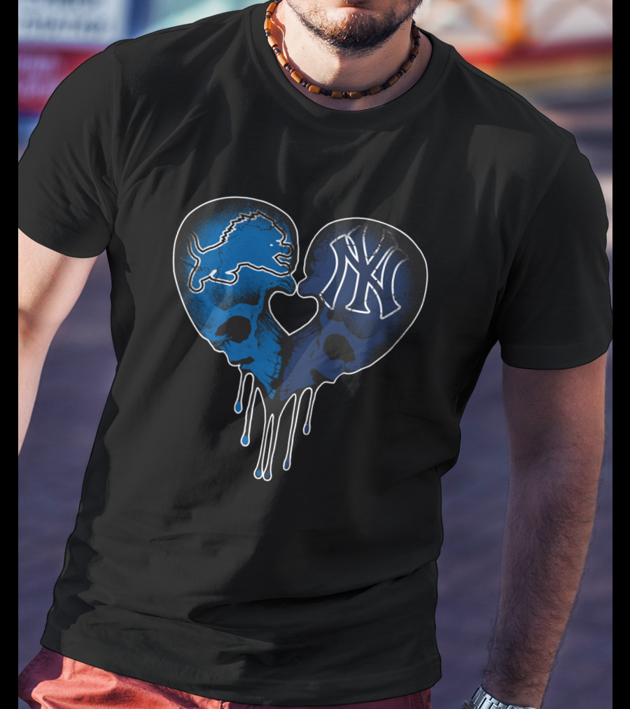 Detroit Lions New York Yankees Skull Heart Fusion T-Shirt