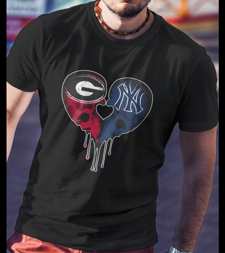 Georgia Bulldogs Yankees Dripping Skull Heart T-Shirt