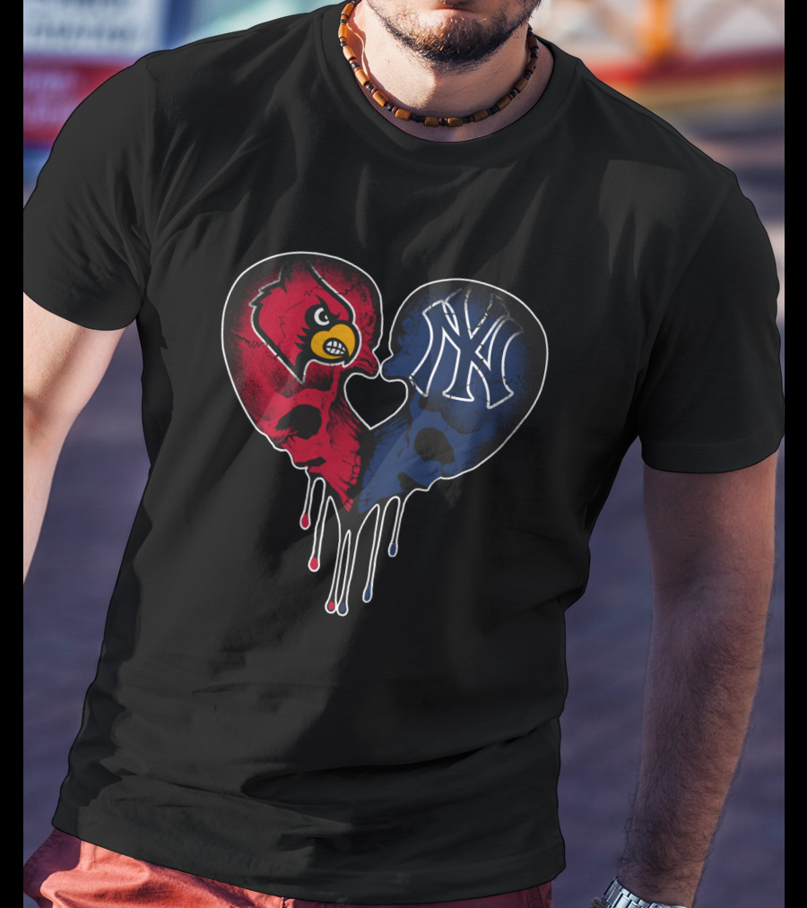Yankees Louisville Cardinals Skull Heart Fusion T-Shirt