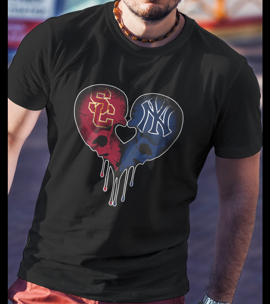 USC Trojans Yankees Skull Heart Drip T-Shirt