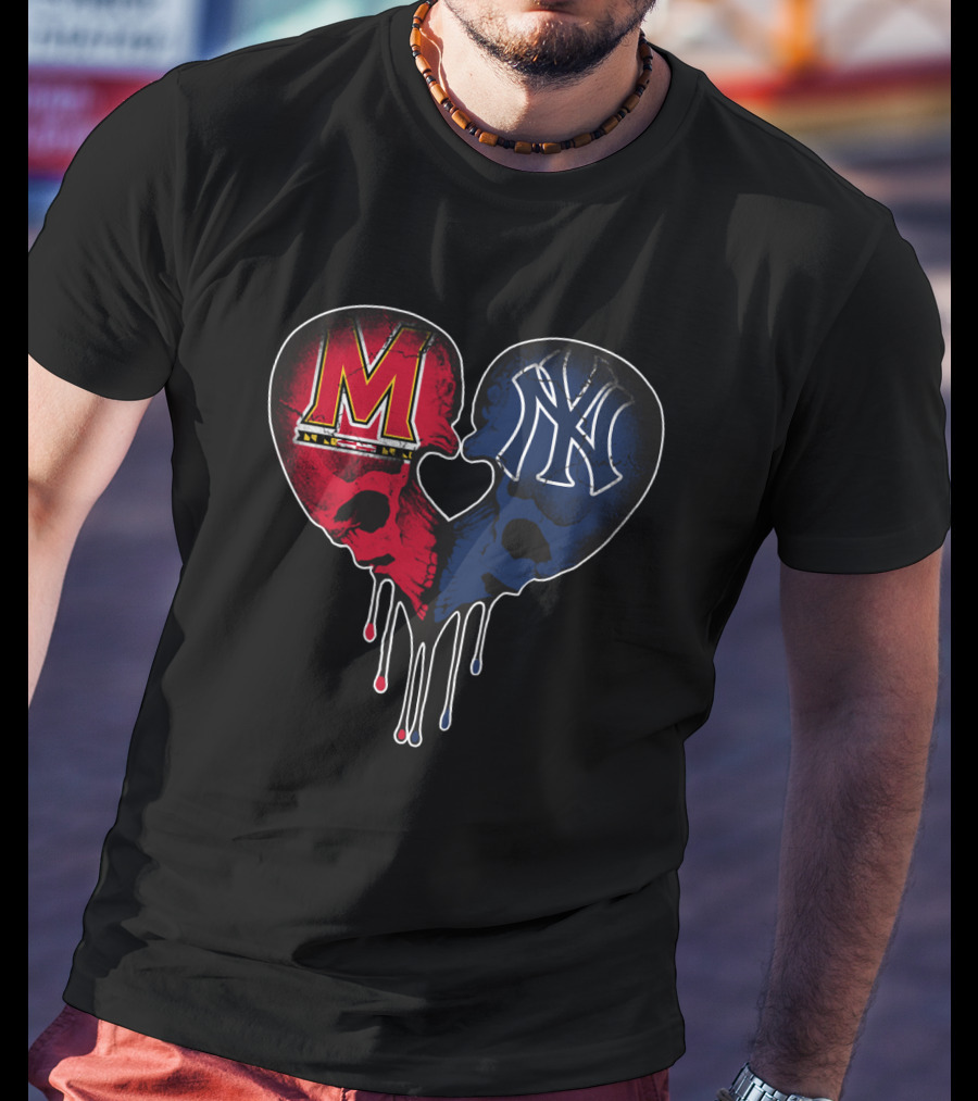 Maryland And Yankees Skull Heart Fusion T-Shirt