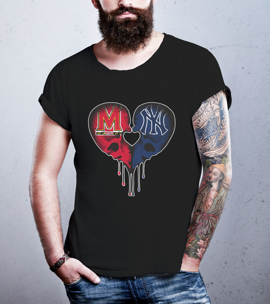 Maryland And Yankees Skull Heart Fusion T-Shirt