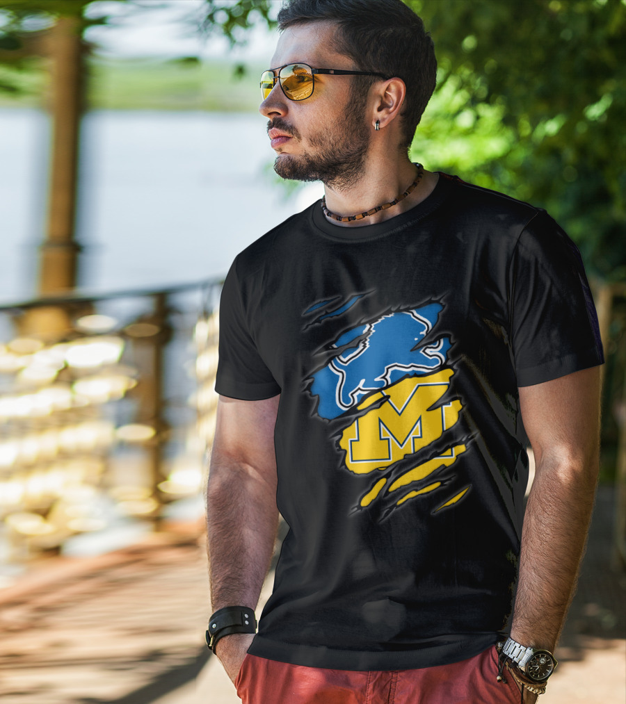 Detroit Lions Michigan Wolverines Football Fan Logo Crossover T-Shirt