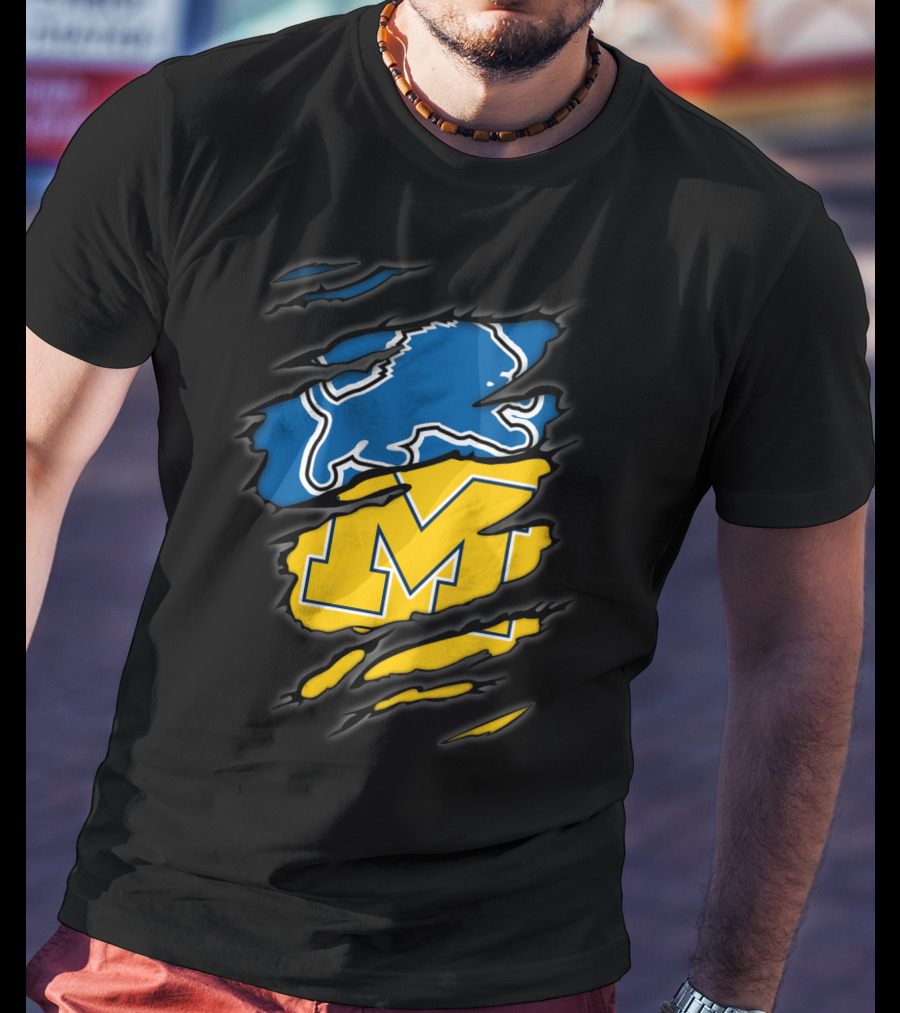 Detroit Lions Michigan Wolverines Football Fan Logo Crossover T-Shirt