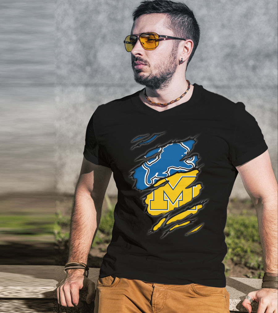 Detroit Lions Michigan Wolverines Football Fan Logo Crossover T-Shirt