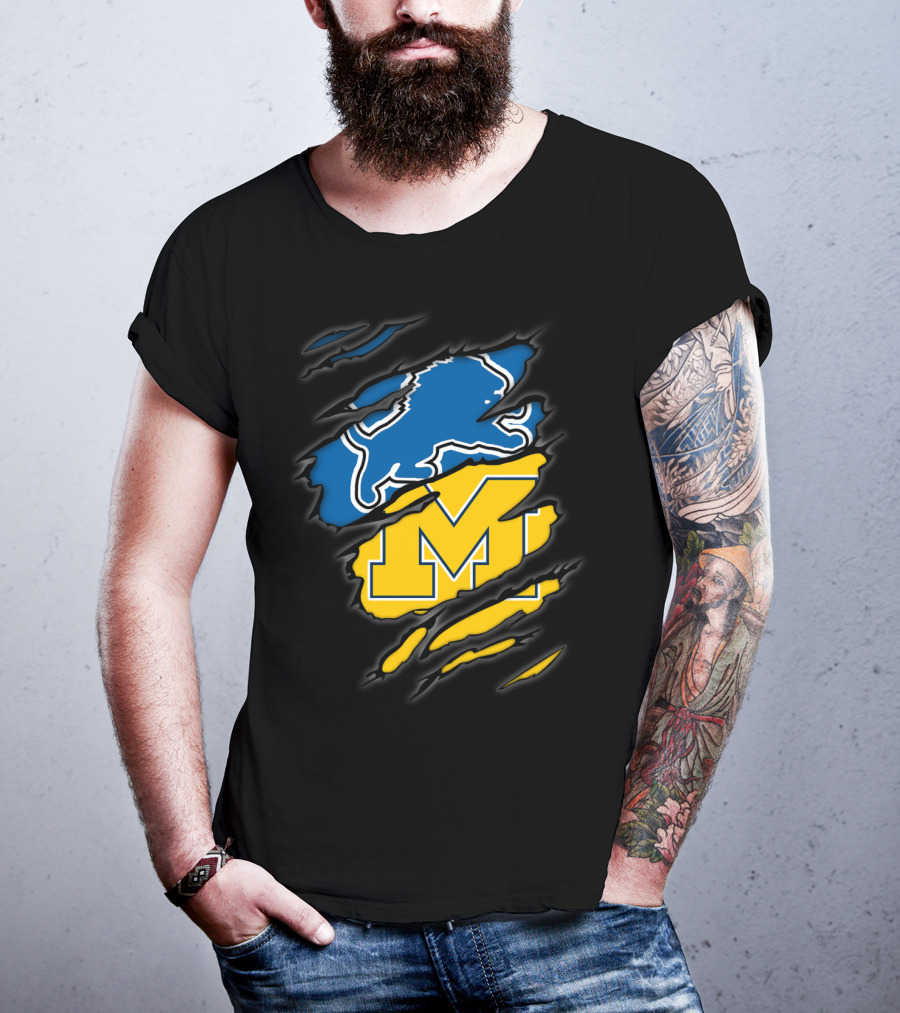 Detroit Lions Michigan Wolverines Football Fan Logo Crossover T-Shirt