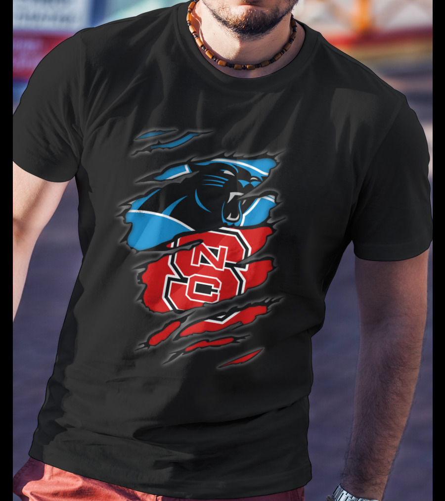 Carolina Panthers Nc State Wolfpack Hybrid Logo Ripped T-Shirt