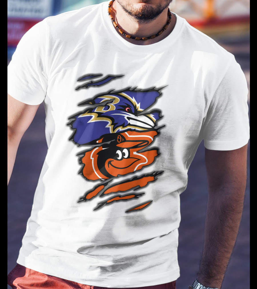 Baltimore Ravens Orioles Logos Ripped T-Shirt