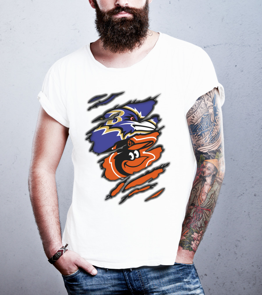 Baltimore Ravens Orioles Logos Ripped T-Shirt