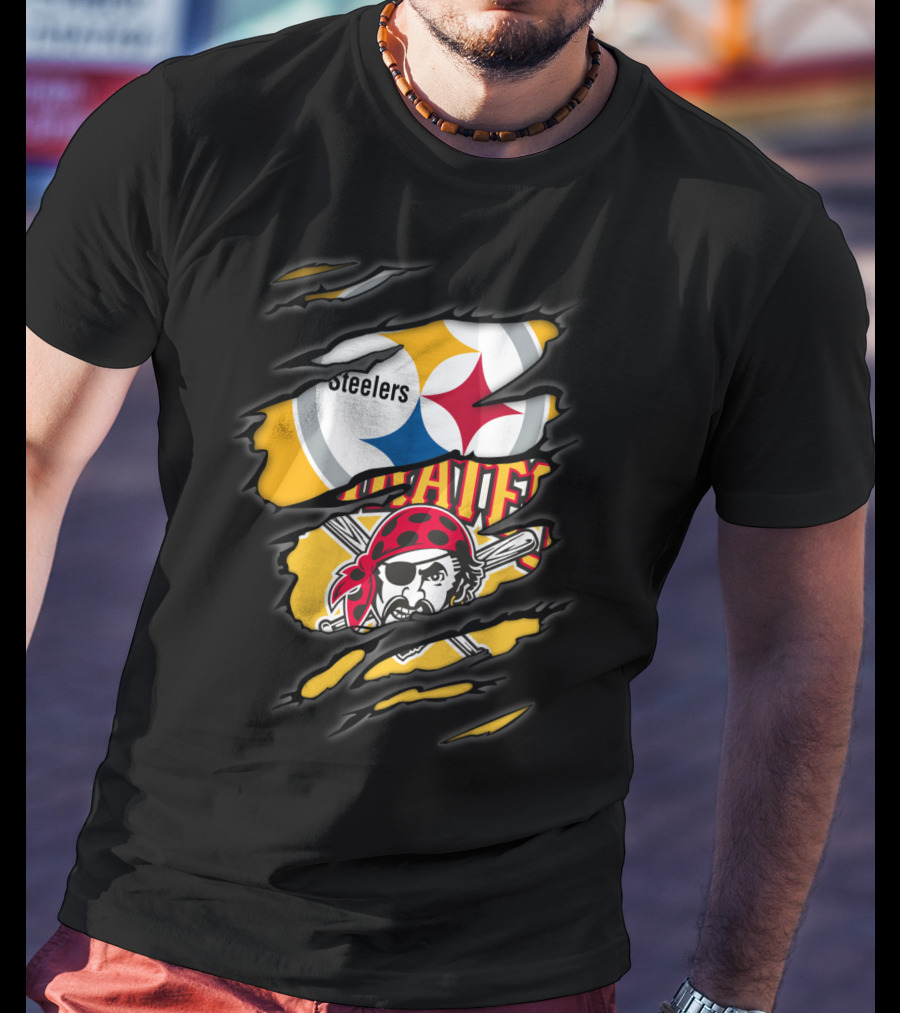 Steelers Pirates Logo Mashup Ripped Effect T-Shirt