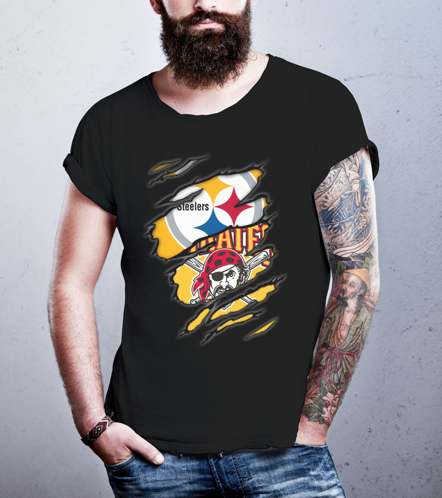 Steelers Pirates Logo Mashup Ripped Effect T-Shirt