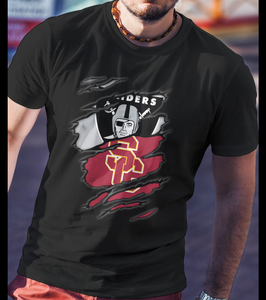 Raiders Trojans USC Los Angeles Football Torn Effect Logo Mix T-Shirt