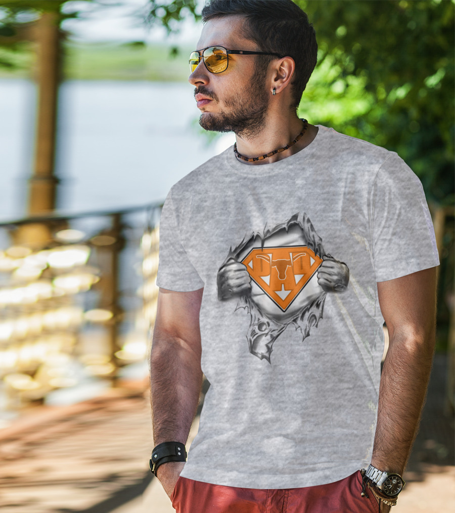 Longhorn Superman Logo Ripped Silver Hands Orange Triangles T-Shirt