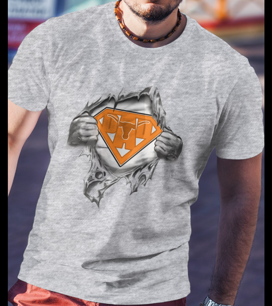 Longhorn Superman Logo Ripped Silver Hands Orange Triangles T-Shirt