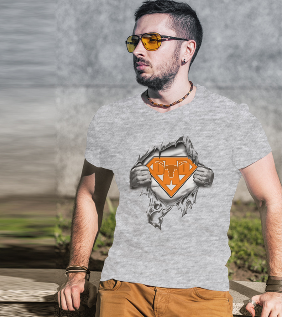 Longhorn Superman Logo Ripped Silver Hands Orange Triangles T-Shirt