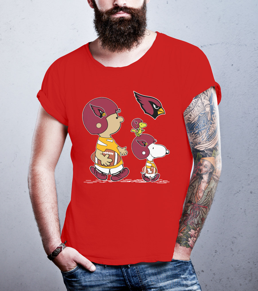 Cardinals Football Helmet Snoopy Woodstock Peanuts Characters T-Shirt