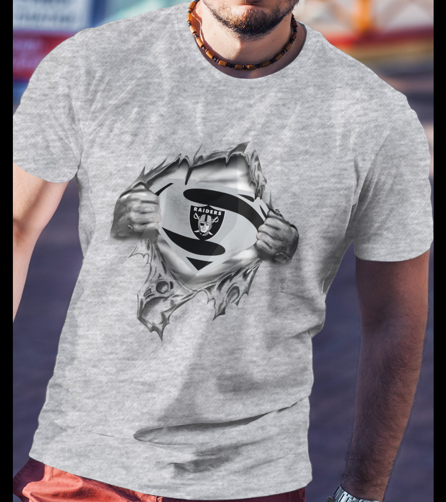 Raiders Super Man Emblem With Raider Logo In Torn Fabric T-Shirt