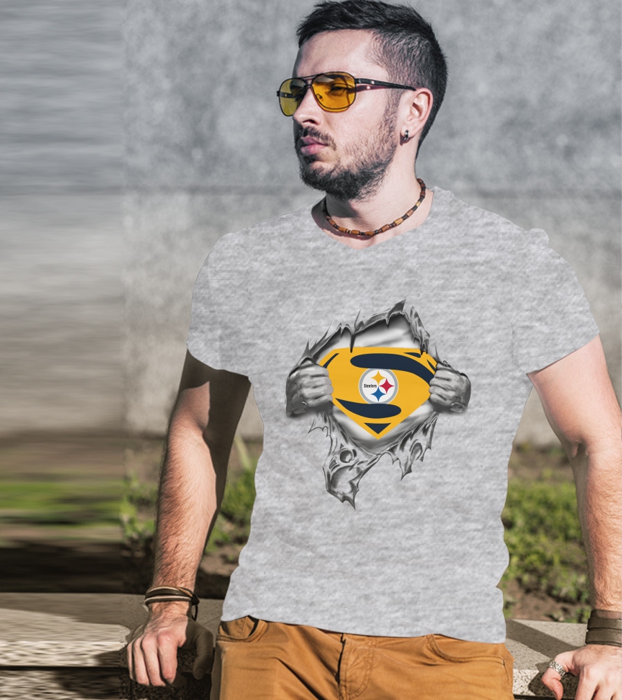 Steelers Super Man Logo With Ripped Metal Effect T-Shirt