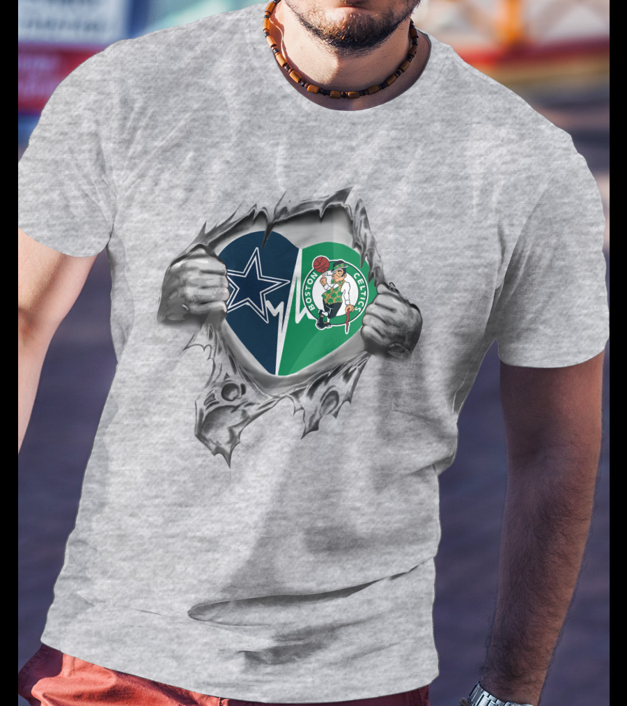 Cowboys Celtics Heart Torn Allegiance With Logo Hearts And Ripped Hands T-Shirt