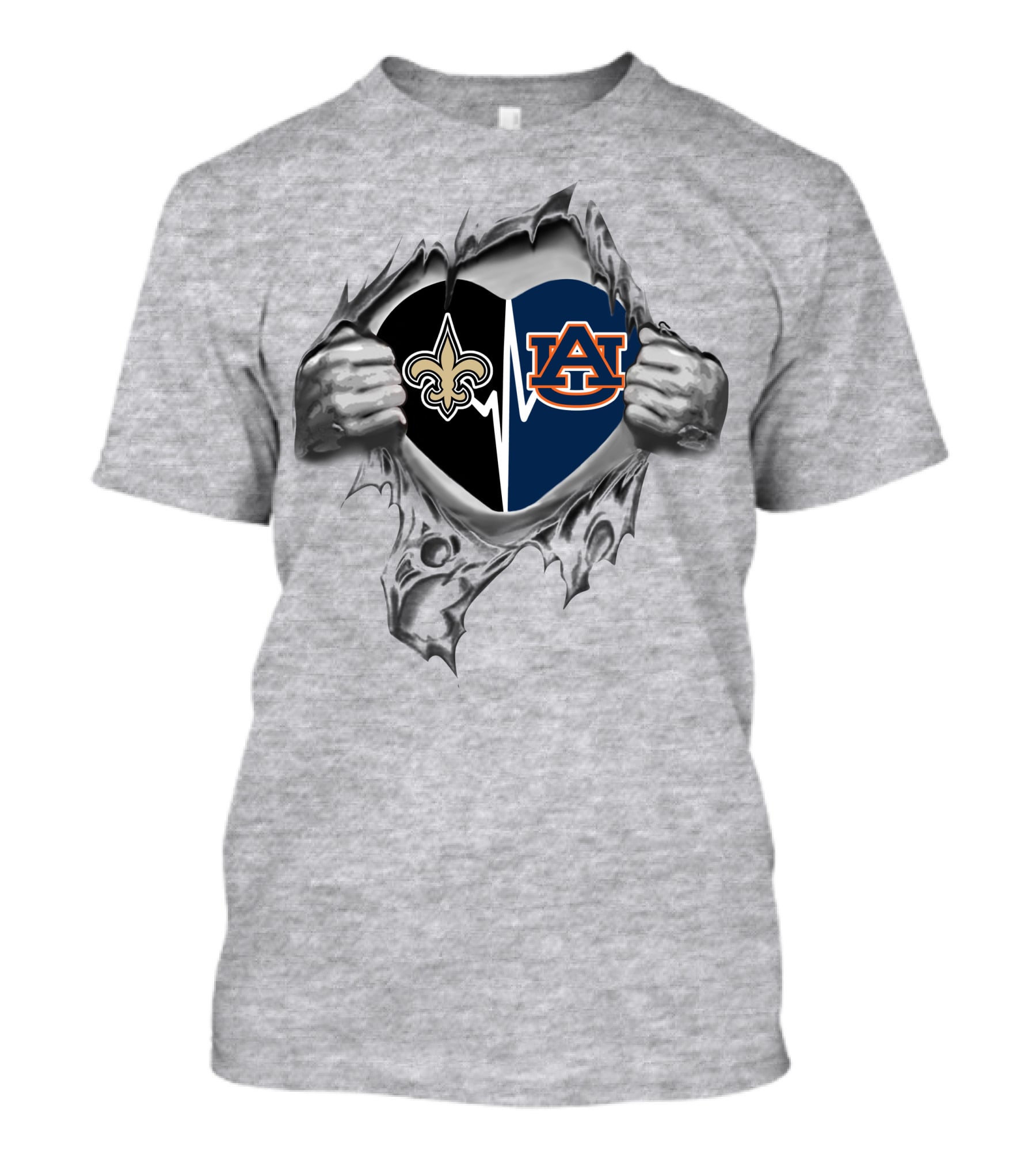 New Orleans Saints Auburn Tigers Heartbeat Tearing Open T-Shirt