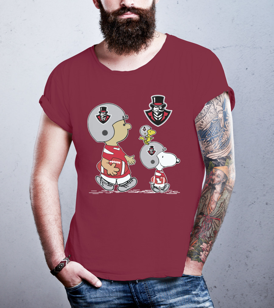 Austin Peay Governor Mascot With Snoopy And Woodstock Football Helmets T-Shirt
