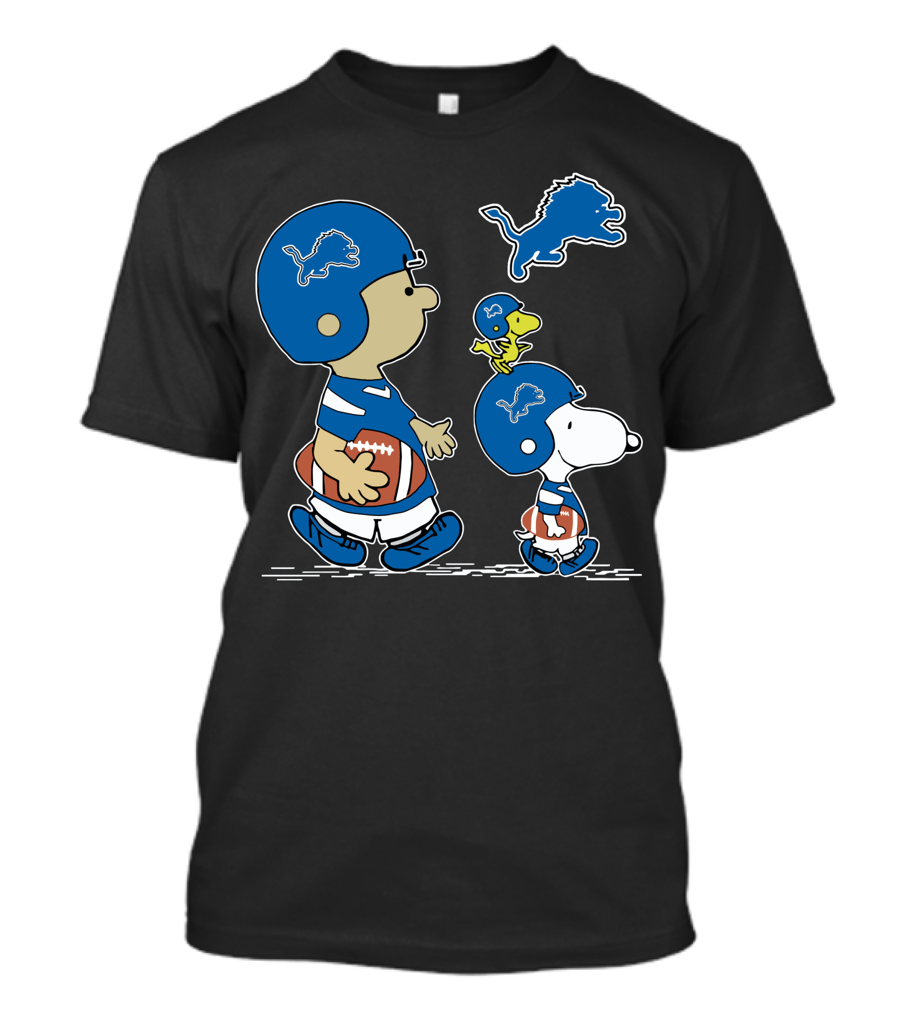 Lions Snoopy Woodstock Football Charlie Brown Helmet Rugby Peanuts Characters NFL T-Shirt