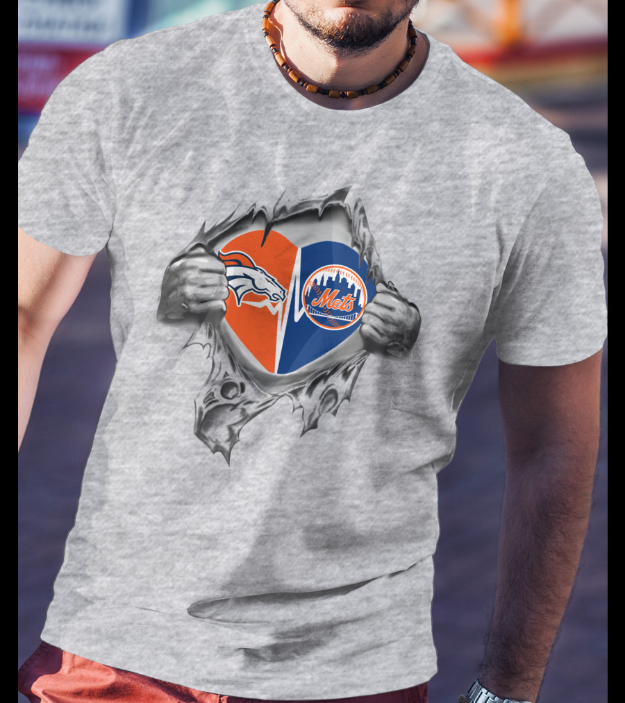 Broncos Mets Heart Split Logo Combination T-Shirt