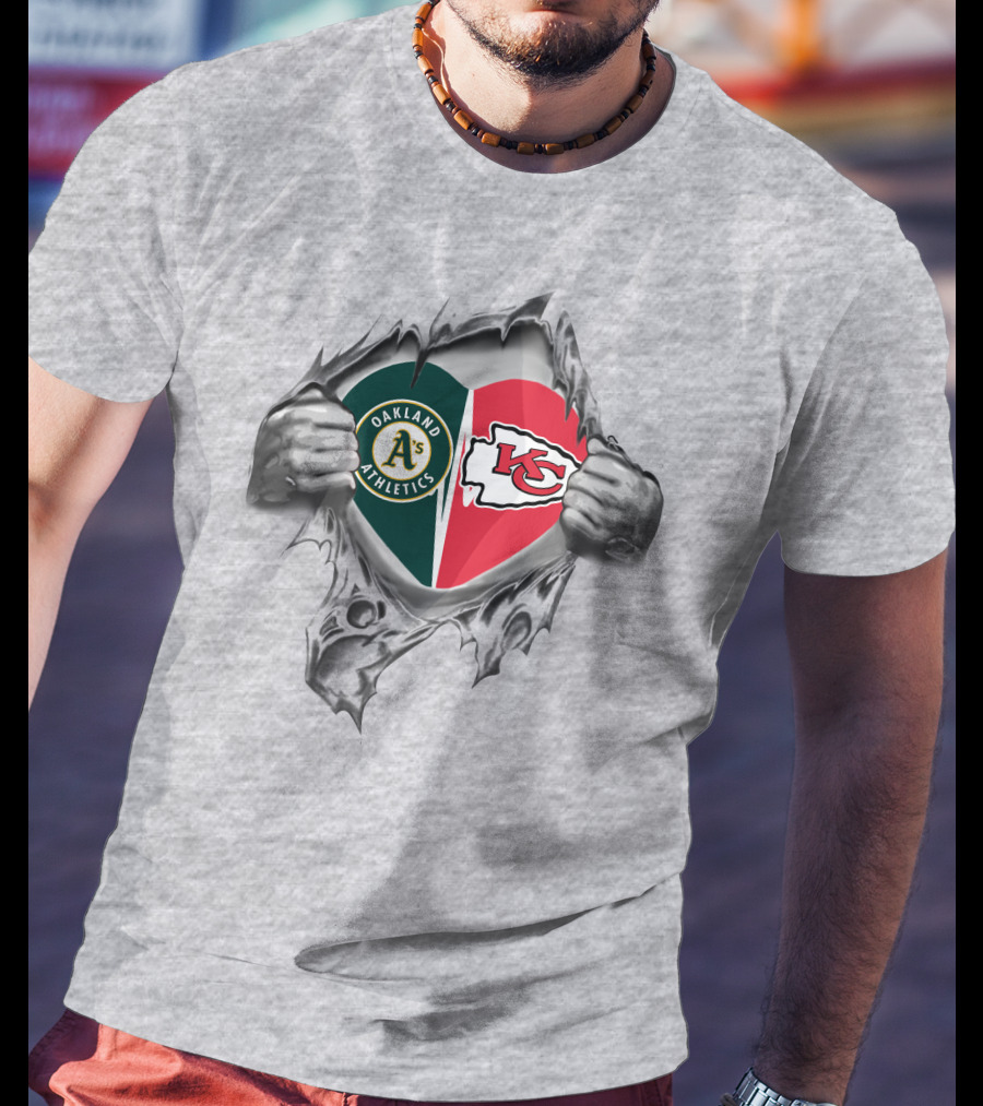 Oakland Athletics Kansas City Chiefs Heart Tearing Fan Pride T-Shirt