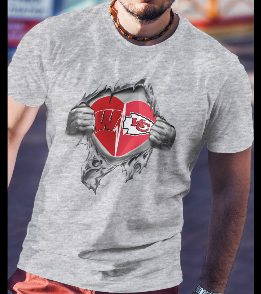 Chiefs Badgers Heart Torn Revealing Wisconsin Kansas City T-Shirt