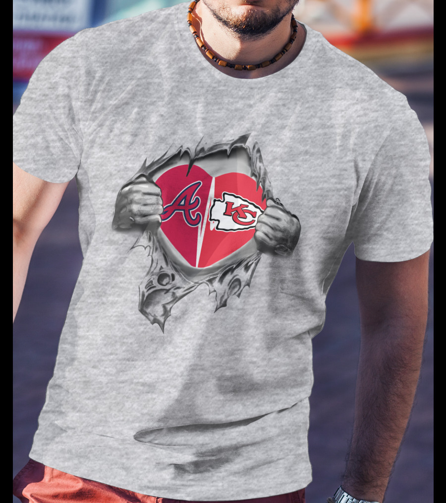 Chiefs Braves Heart Logos Torn Fabric T-Shirt