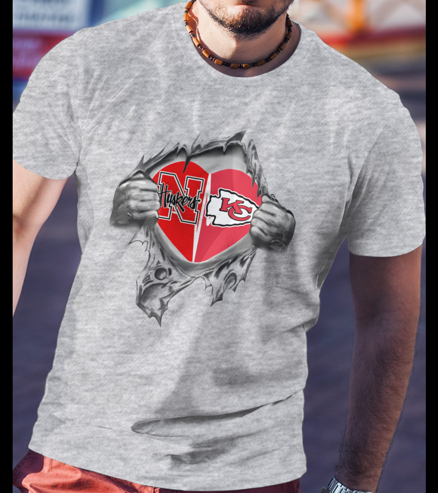 Chiefs Huskers Heart Torn Open Design Football Loyalty T-Shirt