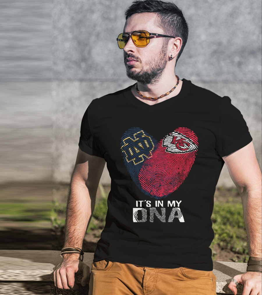 Notre Dame And Kansas City Chiefs Fingerprint Heart It's In My DNA T-Shirt