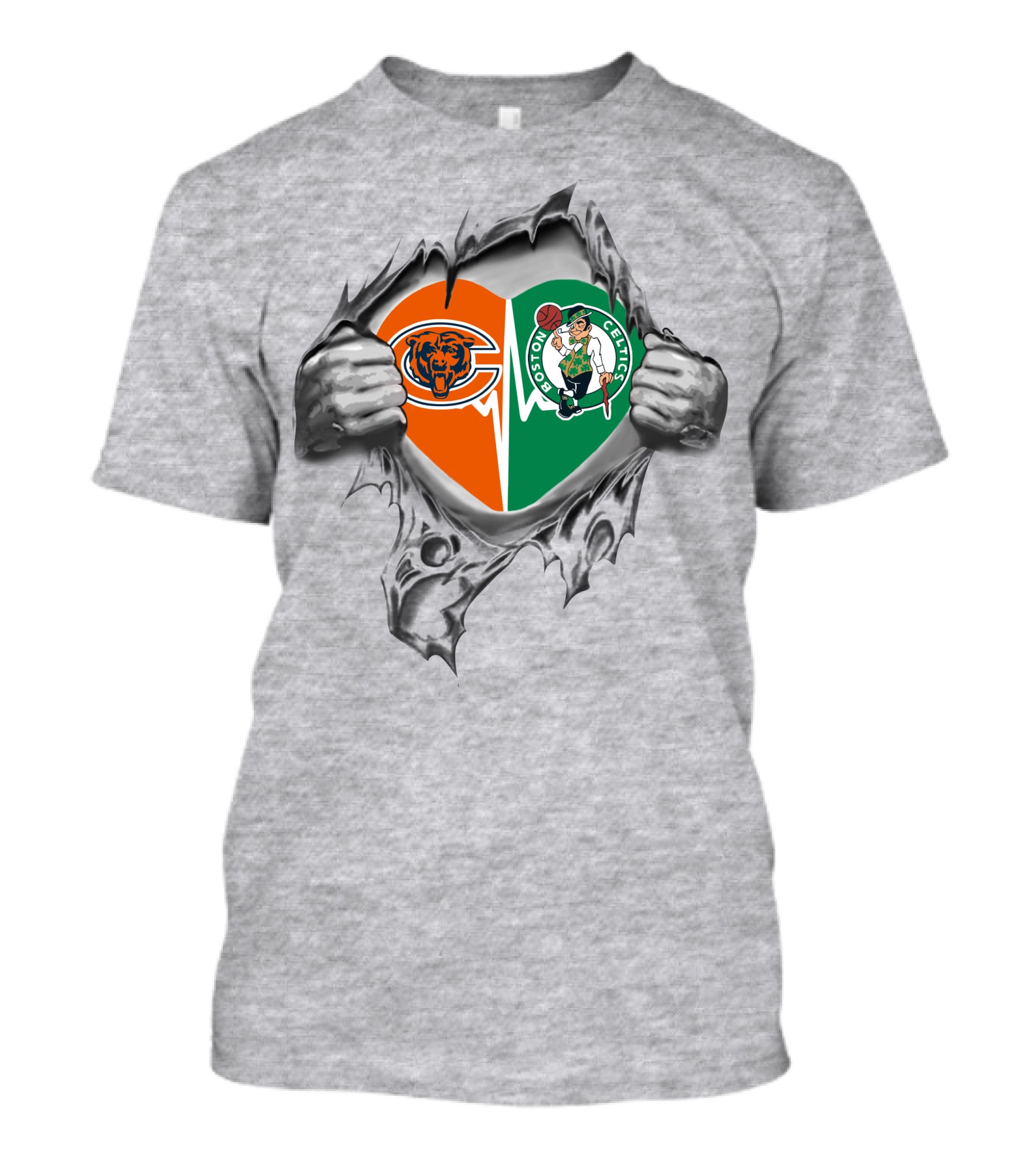Chicago Bears Boston Celtics Heart Tear Emblems T-Shirt