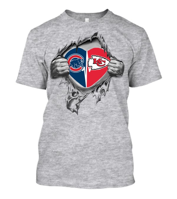 Cubs Chiefs Heart With Bear And Arrowhead Logos Peeking Through Torn Fabric T-Shirt
