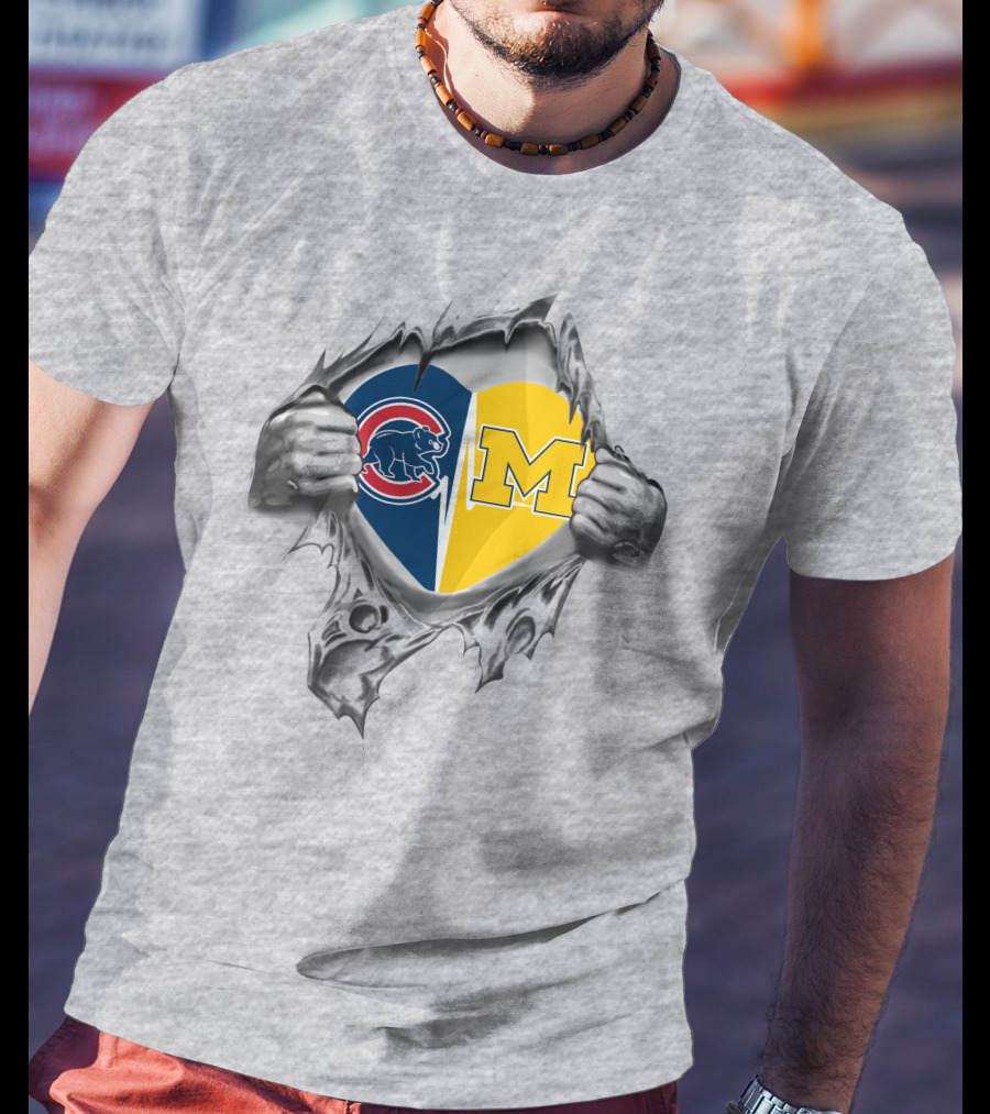 Cubs Michigan Heart Emblem With Hands Tearing T-Shirt