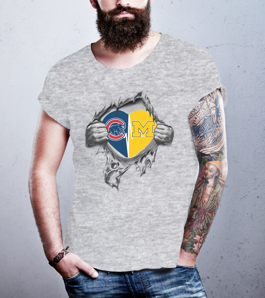 Cubs Michigan Heart Emblem With Hands Tearing T-Shirt