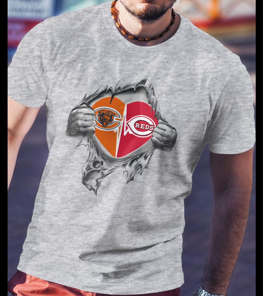 Bears Reds Heart Logos Torn T-Shirt