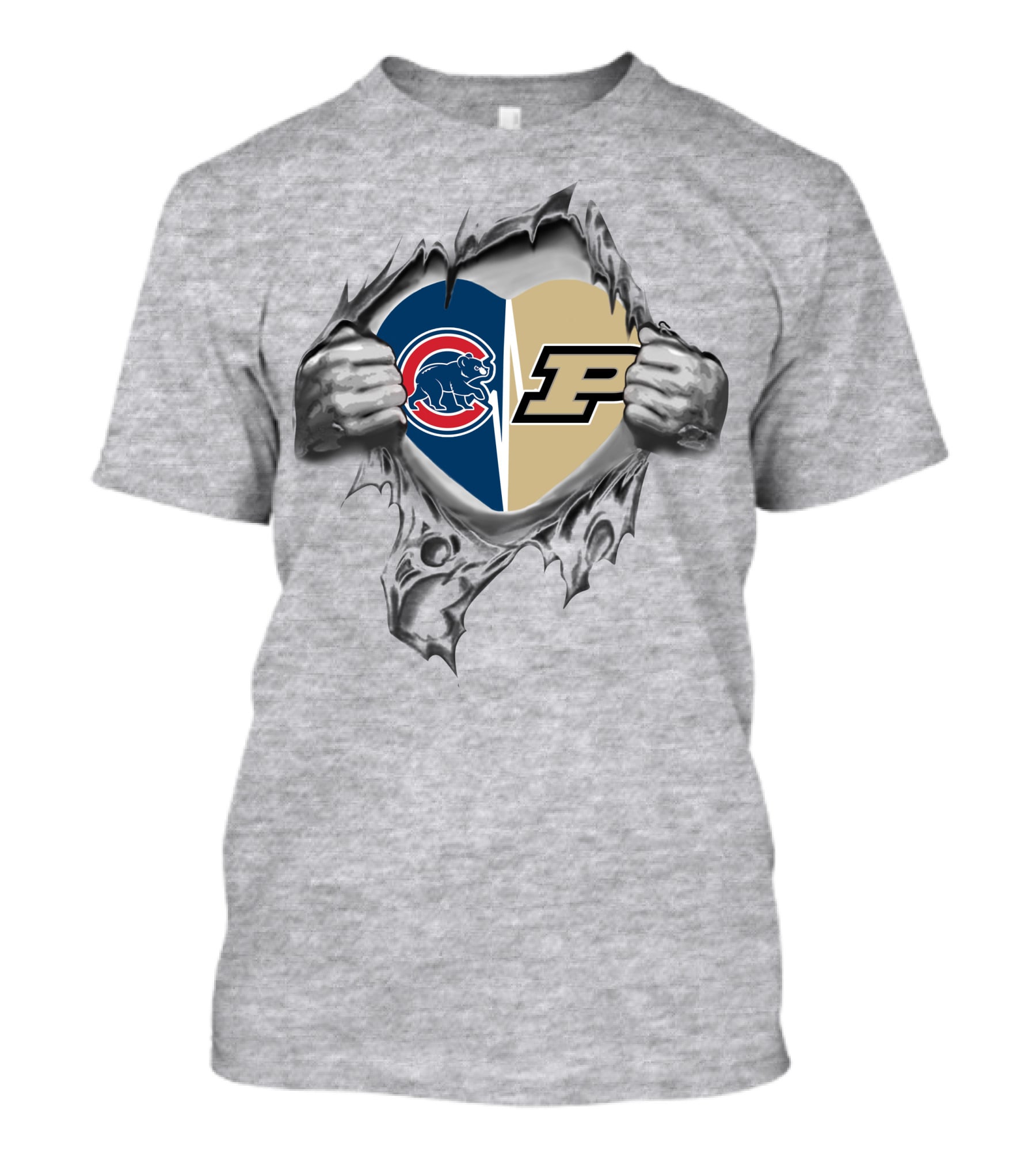 Cubs And Purdue Heart In Torn T-Shirt