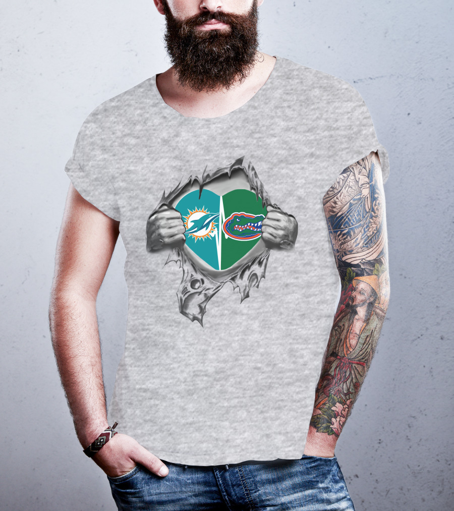 Miami Dolphins And Florida Gators Heart Logo Fan T-Shirt