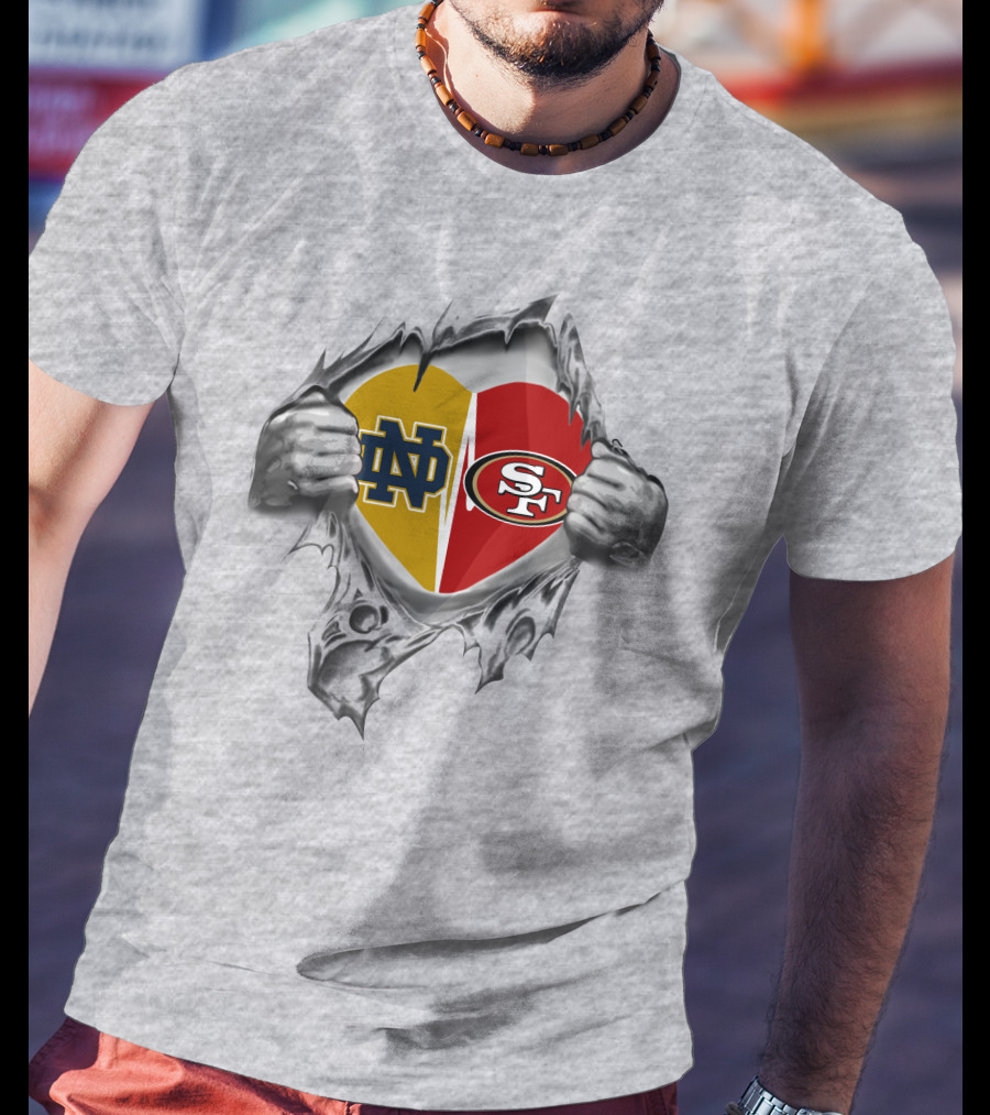 Notre Dame And San Francisco 49ers Heart Symbol Pulled By Hands T-Shirt