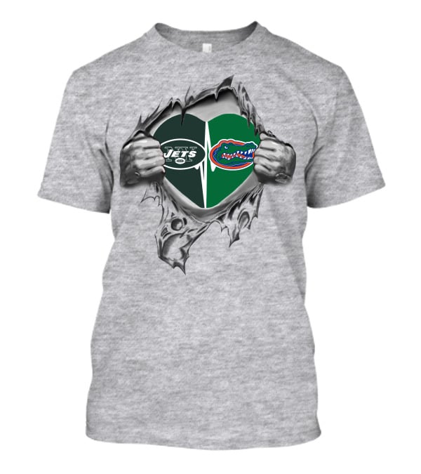 Jets Gators Heart Rip Logo NFL New York Florida Combo T-Shirt