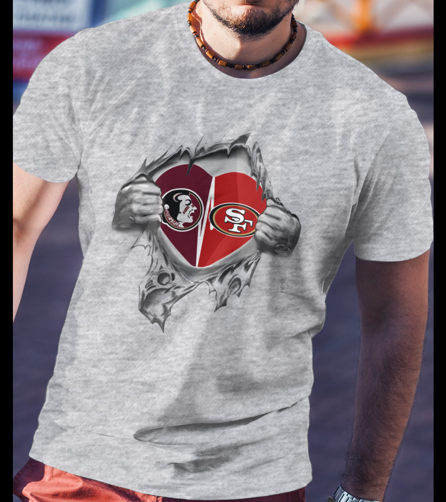 49ers Sf Seminoles Heart Logo Peeking Through Torn Fabric T-Shirt