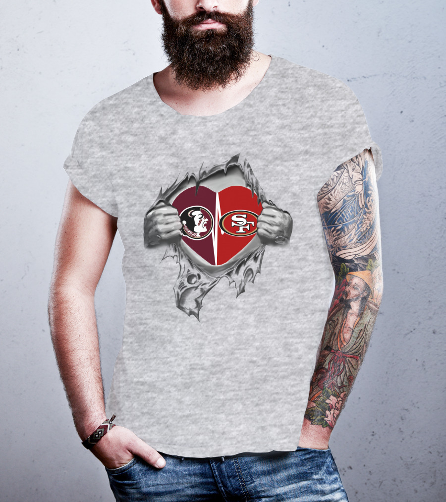 49ers Sf Seminoles Heart Logo Peeking Through Torn Fabric T-Shirt