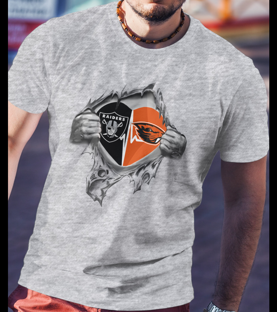 Raiders Beavers Heart Symbol With Hands And Logo Elements T-Shirt